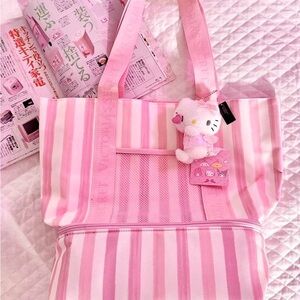 Victoria's Secret Pink Striped Tote with Kitty Charm Brand New
